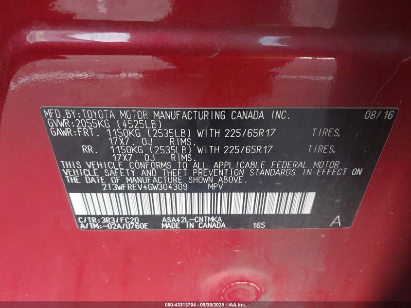 2016 Toyota Rav4 Xle VIN: 2T3WFREV4GW304309 Lot: 43313704