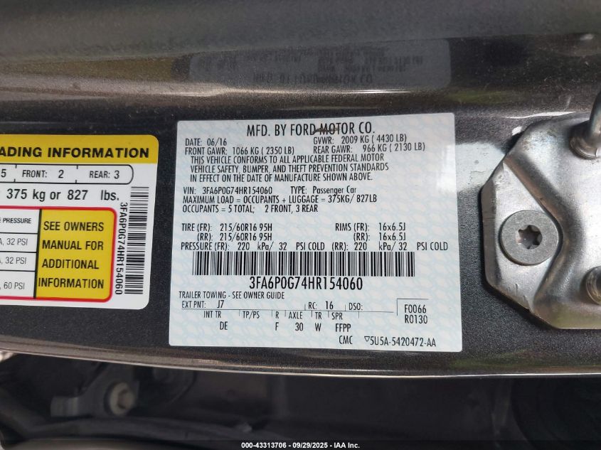 2017 Ford Fusion S VIN: 3FA6P0G74HR154060 Lot: 43313706