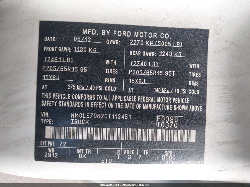 2012 Ford Transit Connect Xlt VIN: NM0LS7DN2CT112451 Lot: 43313721