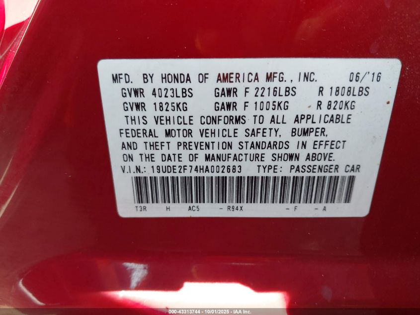 2017 Acura Ilx Premium Package/Technology Plus Package VIN: 19UDE2F74HA002683 Lot: 43313744