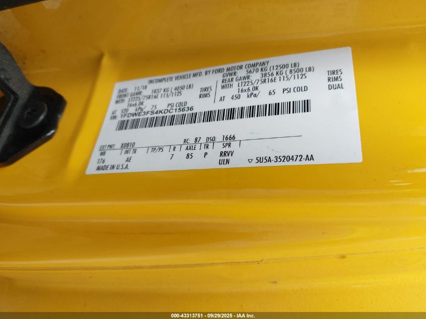 2019 Ford E-350 Cutaway VIN: 1FDWE3FS4KDC15636 Lot: 43313751