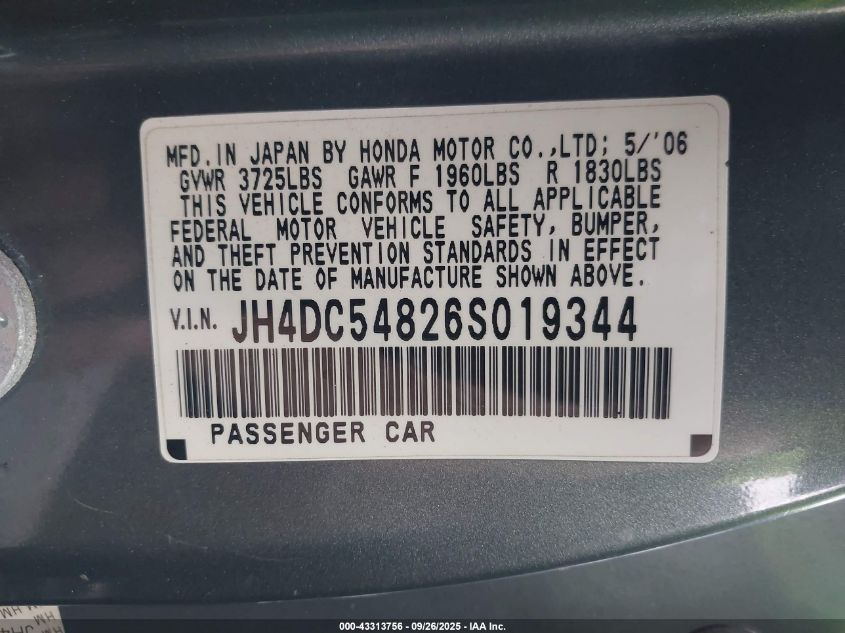 2006 Acura Rsx VIN: JH4DC54826S019344 Lot: 43313756