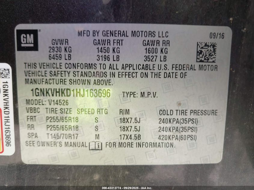 2017 Chevrolet Traverse 2Lt VIN: 1GNKVHKD1HJ163696 Lot: 43313774