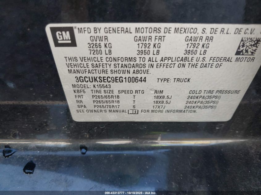 2014 Chevrolet Silverado 1500 2Lz VIN: 3GCUKSEC9EG100644 Lot: 43313777