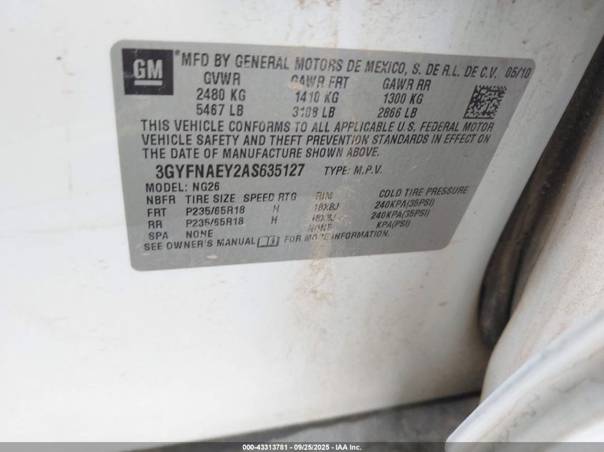 2010 Cadillac Srx Luxury Collection VIN: 3GYFNAEY2AS635127 Lot: 43313781