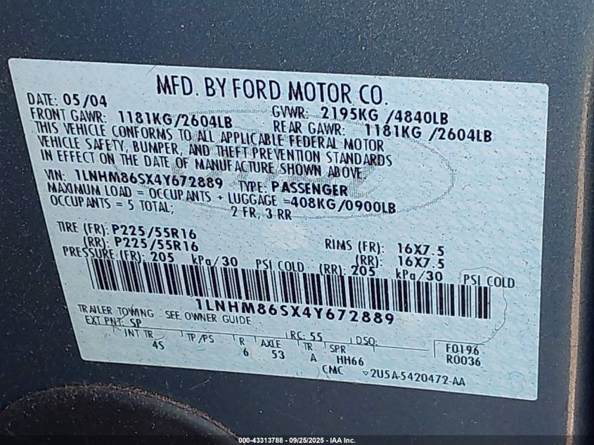 2004 Lincoln Ls V6 VIN: 1LNHM86SX4Y672889 Lot: 43313788