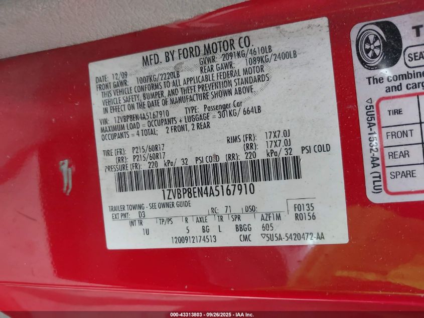 2010 Ford Mustang V6/V6 Premium VIN: 1ZVBP8EN4A5167910 Lot: 43313803