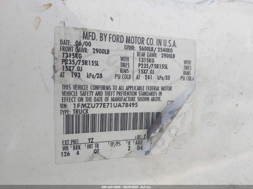 2001 Ford Explorer Sport Trac VIN: 1FMZU77E71UA78495 Lot: 43313809