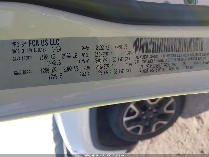 2020 Jeep Compass Trailhawk 4X4 VIN: 3C4NJDDB8LT184276 Lot: 43313811