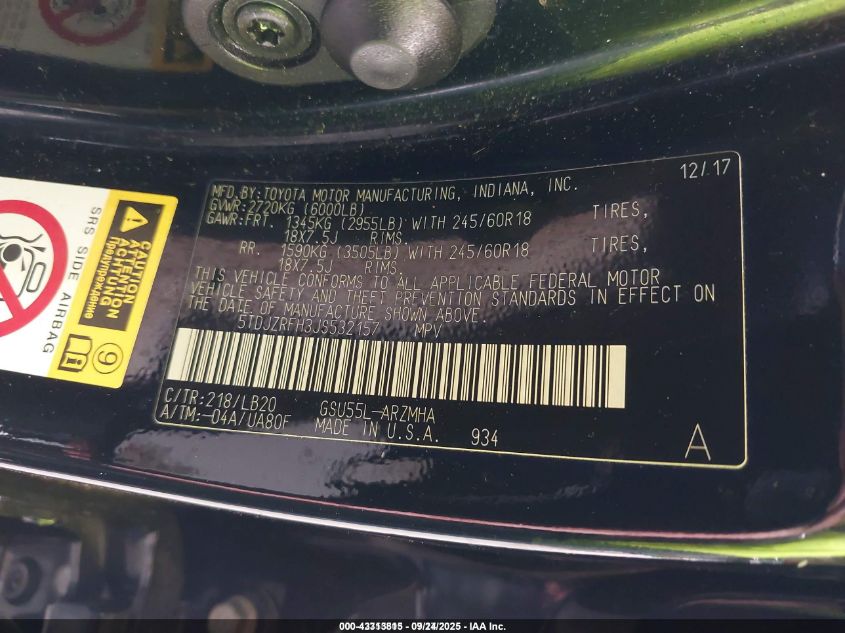 2018 Toyota Highlander Xle VIN: 5TDJZRFH3JS532157 Lot: 43313815