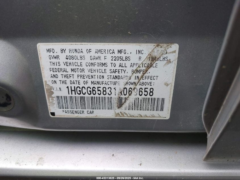 2001 Honda Accord 2.3 Ex VIN: 1HGCG65831A069658 Lot: 43313825