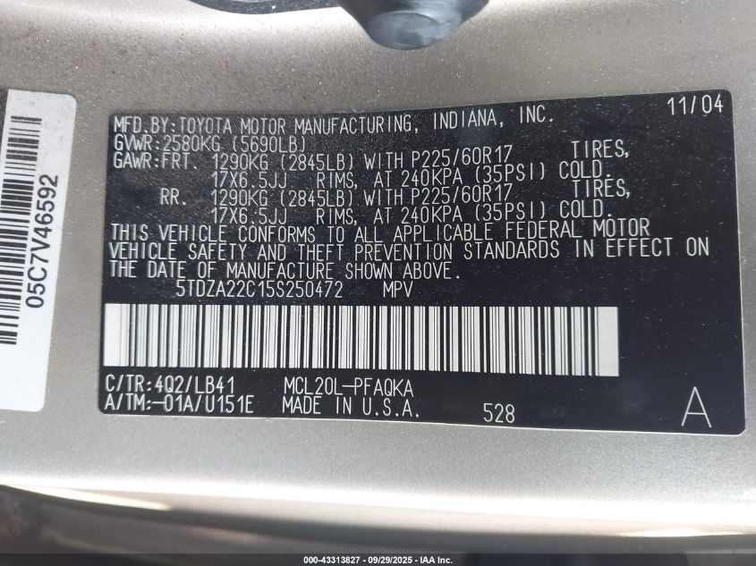 2005 Toyota Sienna Xle Limited VIN: 5TDZA22C15S250472 Lot: 43313827