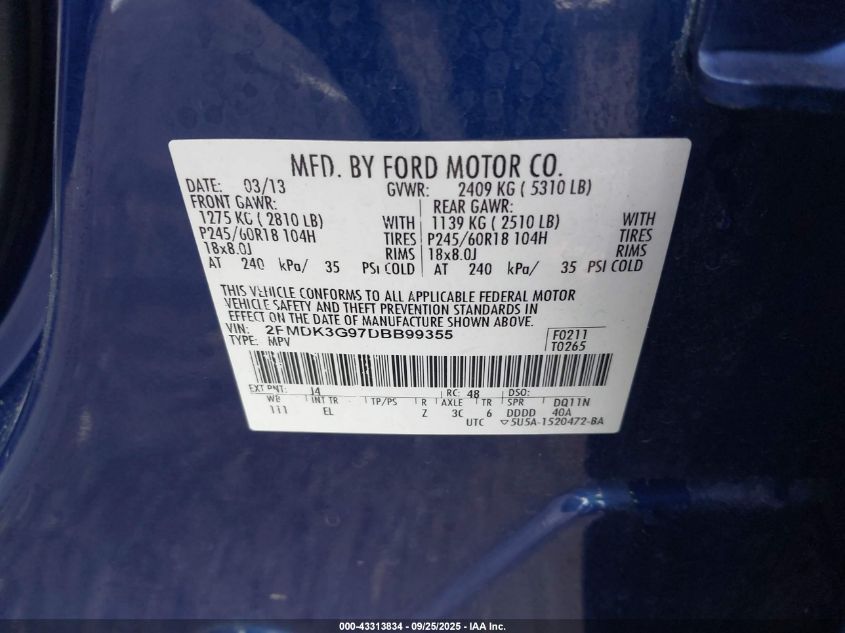 2013 Ford Edge Se VIN: 2FMDK3G97DBB99355 Lot: 43313834