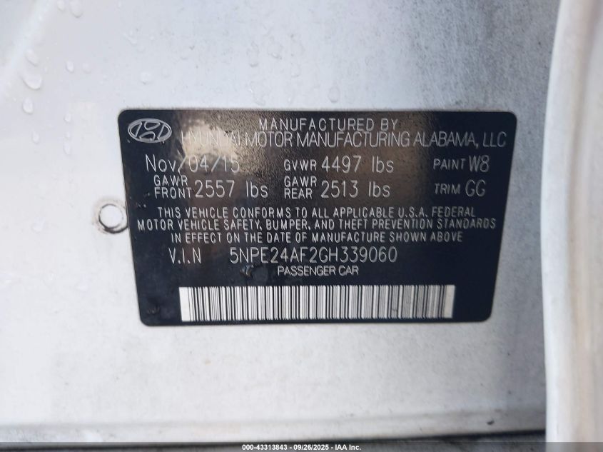 2016 Hyundai Sonata Se VIN: 5NPE24AF2GH339060 Lot: 43313843