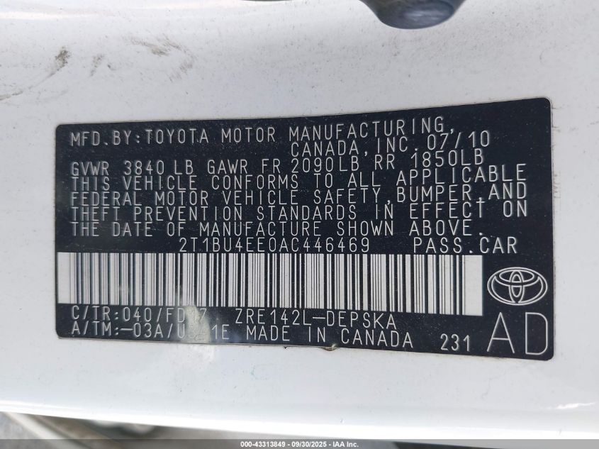 2010 Toyota Corolla S VIN: 2T1BU4EE0AC446469 Lot: 43313849