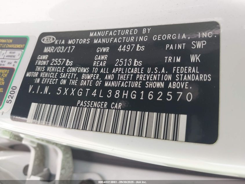 2017 Kia Optima Lx VIN: 5XXGT4L38HG162570 Lot: 43313863