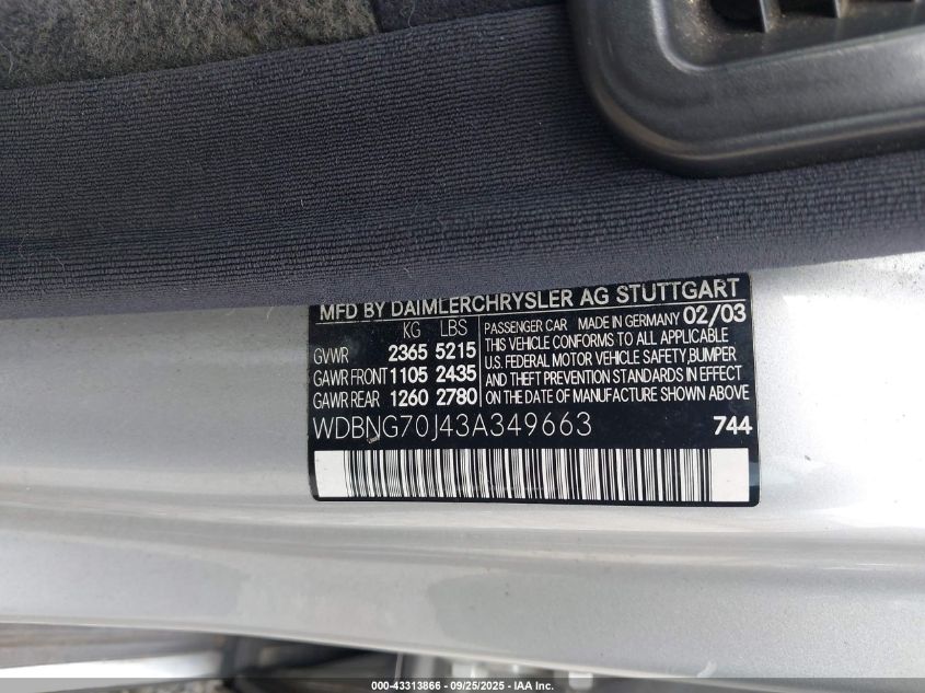 2003 Mercedes-Benz S 430 VIN: WDBNG70J43A349663 Lot: 43313866