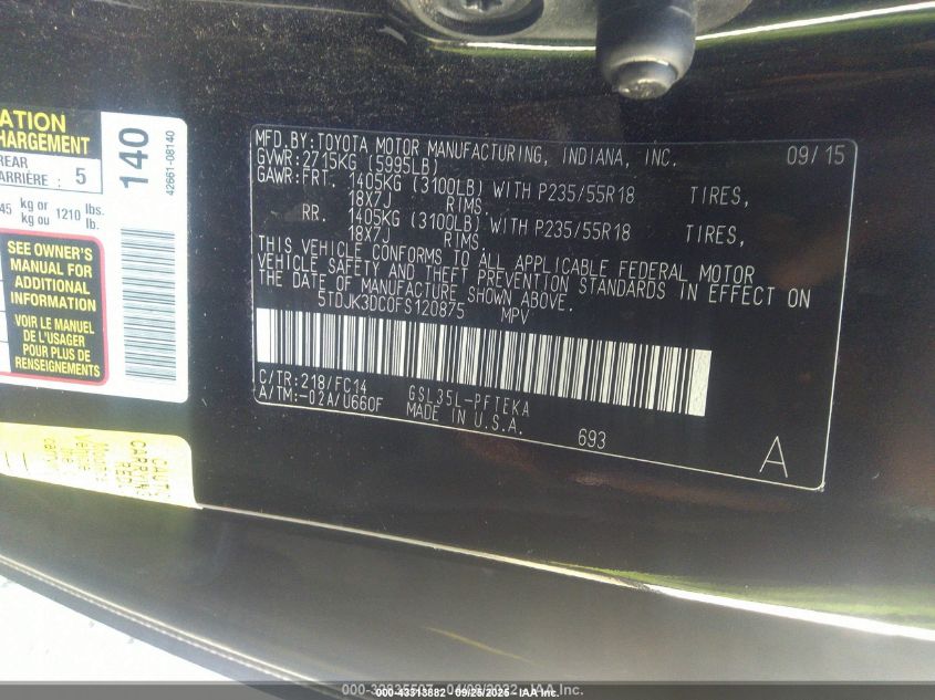 2015 Toyota Sienna Le 7 Passenger VIN: 5TDJK3DC0FS120875 Lot: 43313882