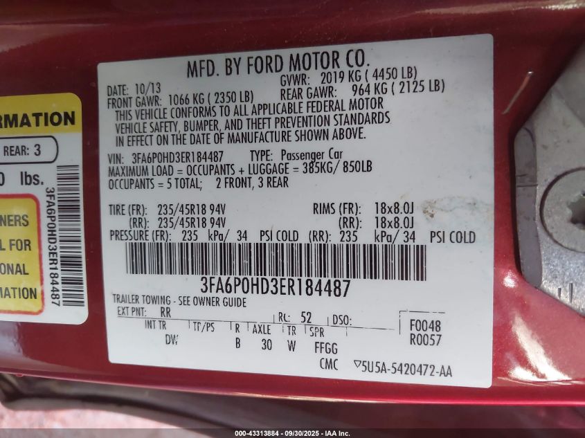 2014 Ford Fusion Se VIN: 3FA6P0HD3ER184487 Lot: 43313884