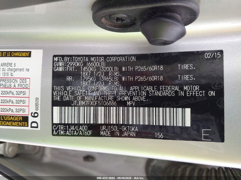 2015 Lexus Gx 460 VIN: JTJBM7FX0F5106886 Lot: 43313885