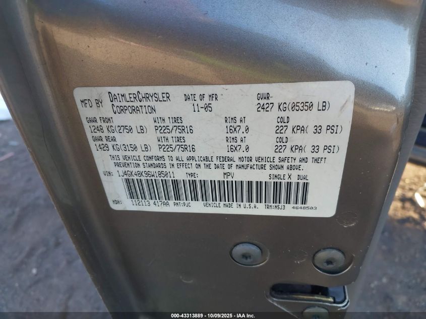 2006 Jeep Liberty Sport VIN: 1J4GK48K96W185011 Lot: 43313889