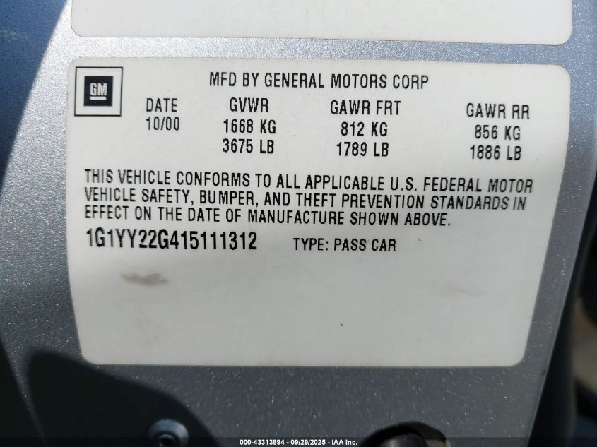 2001 Chevrolet Corvette VIN: 1G1YY22G415111312 Lot: 43313894