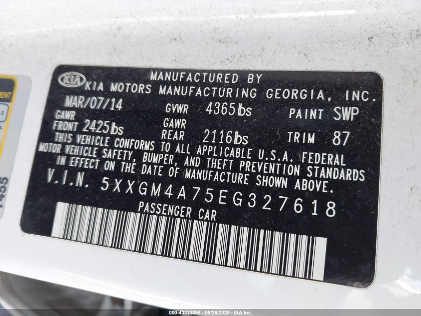 2014 Kia Optima Lx VIN: 5XXGM4A75EG327618 Lot: 43313898