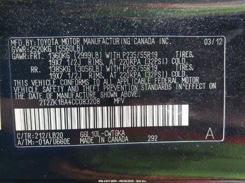 2012 Lexus Rx 350 VIN: 2T2ZK1BA4CC083208 Lot: 43313900