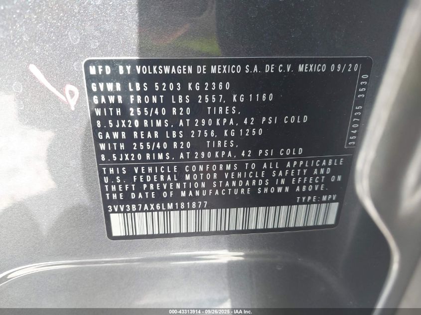 2020 Volkswagen Tiguan 2.0T Se/2.0T Se R-Line Black/2.0T Sel VIN: 3VV3B7AX6LM181877 Lot: 43313914