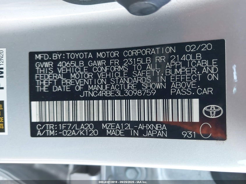 2020 TOYOTA COROLLA XSE - JTNC4RBE3L3098759