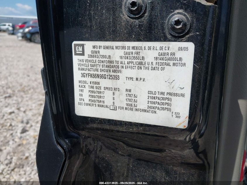 2006 Cadillac Escalade Esv Standard VIN: 3GYFK66N96G125393 Lot: 43313925