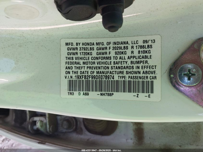 2013 Honda Civic Ex-L VIN: 19XFB2F99DE078974 Lot: 43313947