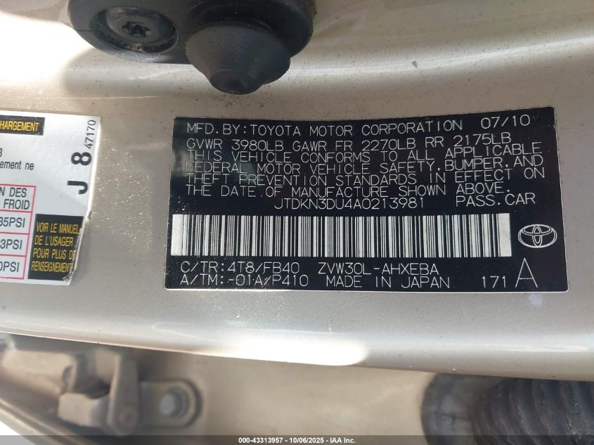 2010 Toyota Prius Iii VIN: JTDKN3DU4A0213981 Lot: 43313957