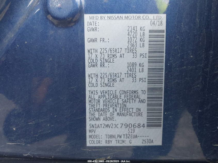 2018 Nissan Rogue S VIN: 5N1AT2MV2JC790684 Lot: 43313965