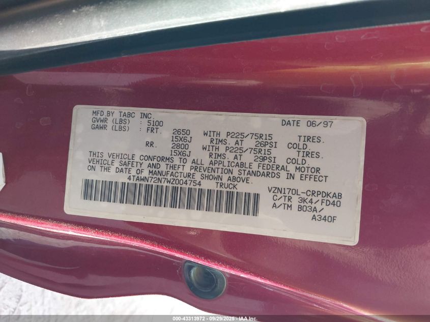 1998 Toyota Tacoma Base V6 VIN: 4TAWN72N7WZ004754 Lot: 43313972