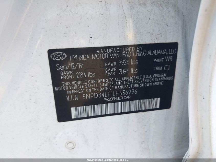 2020 Hyundai Elantra Value Edition VIN: 5NPD84LF1LH536996 Lot: 43313983