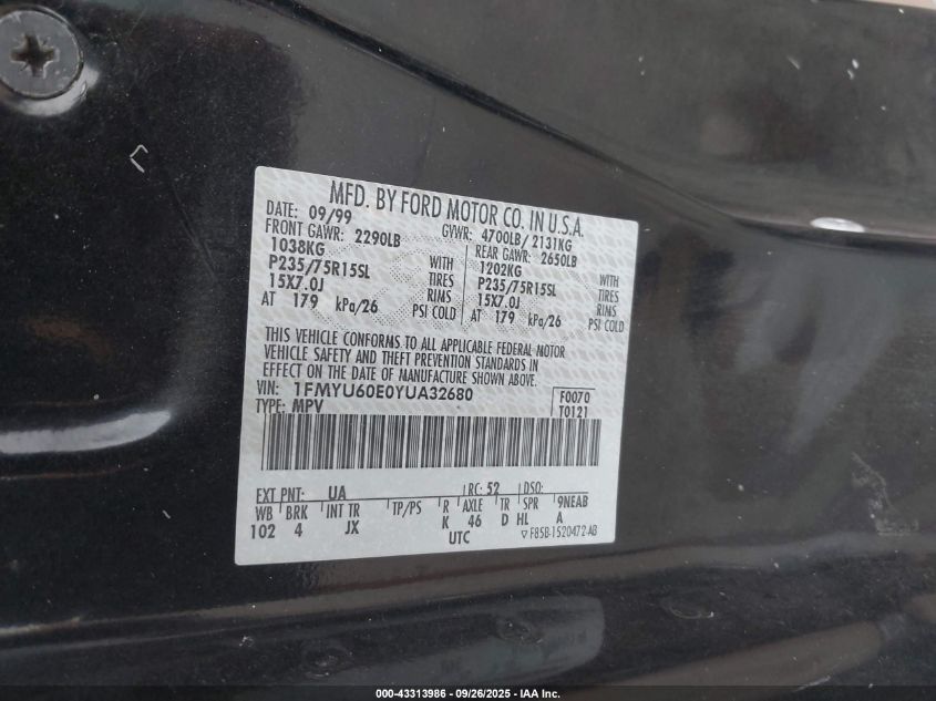 2000 Ford Explorer Sport VIN: 1FMYU60E0YUA32680 Lot: 43313986