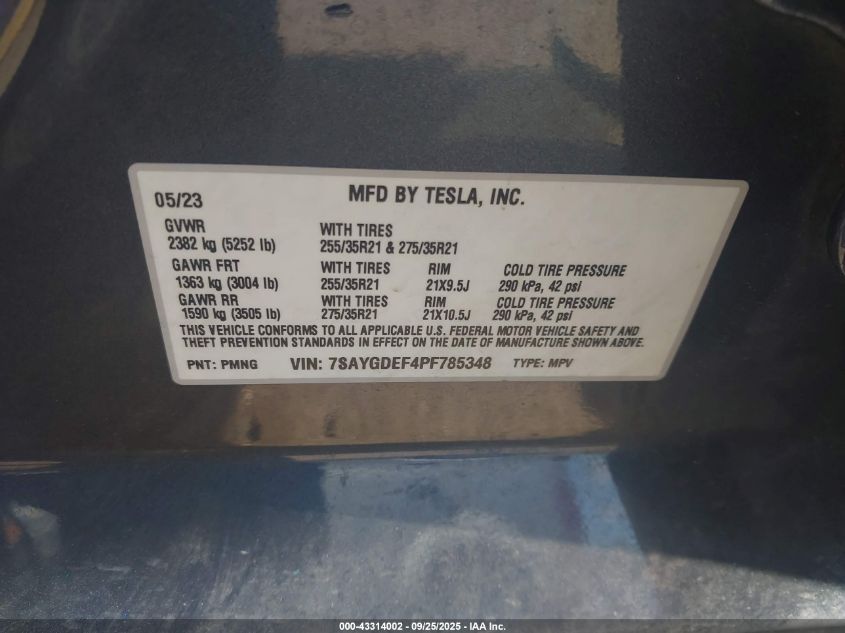 2023 Tesla Model Y Performance Dual Motor All-Wheel Drive VIN: 7SAYGDEF4PF785348 Lot: 43314002
