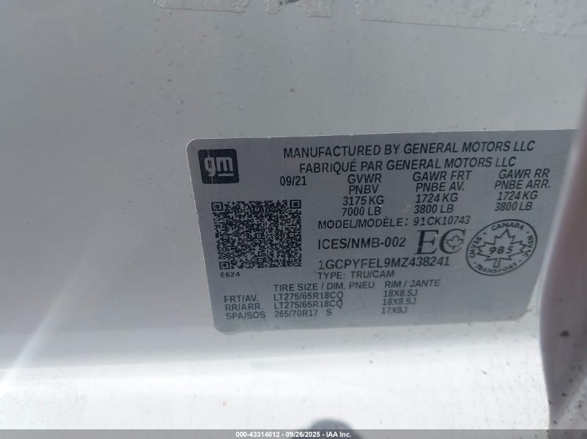 2021 Chevrolet Silverado 1500 4Wd Short Bed Lt Trail Boss/4Wd Standard Bed Lt Trail Boss VIN: 1GCPYFEL9MZ438241 Lot: 43314012