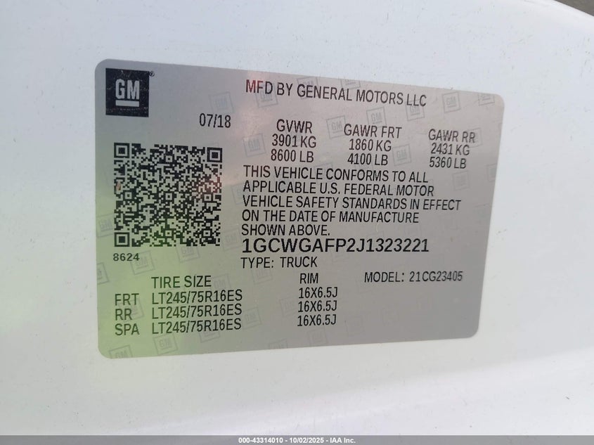 2018 CHEVROLET EXPRESS 2500 WORK VAN - 1GCWGAFP2J1323221