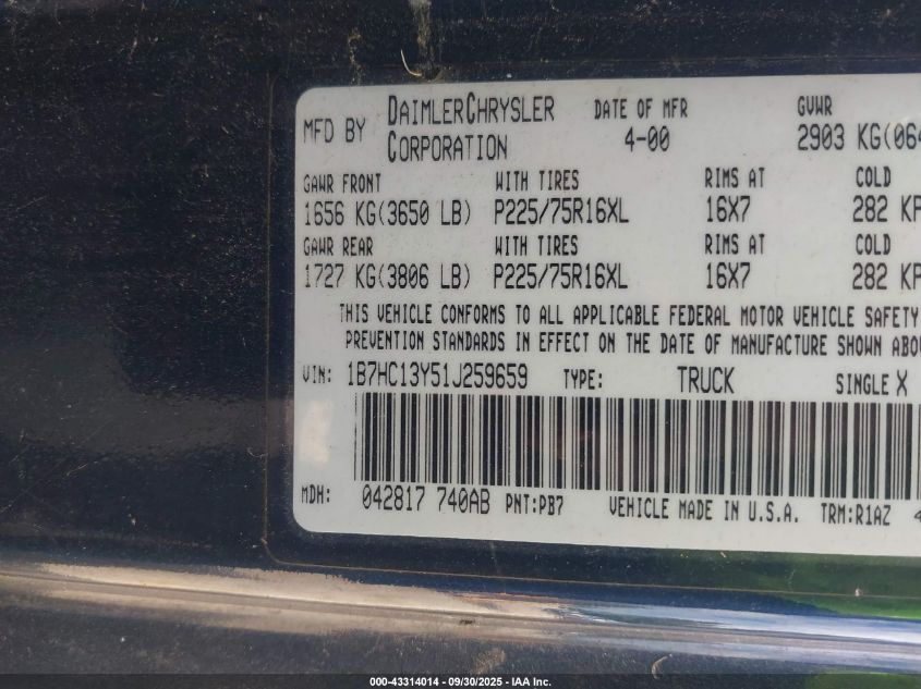 2001 Dodge Ram 1500 St VIN: 1B7HC13Y51J259659 Lot: 43314014