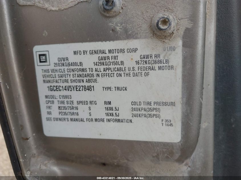 2000 Chevrolet Silverado 1500 VIN: 1GCEC14V5YE278481 Lot: 43314021