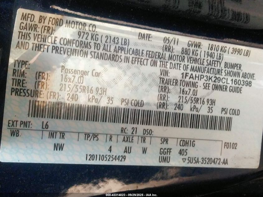 2012 Ford Focus Se VIN: 1FAHP3K29CL160398 Lot: 43314023