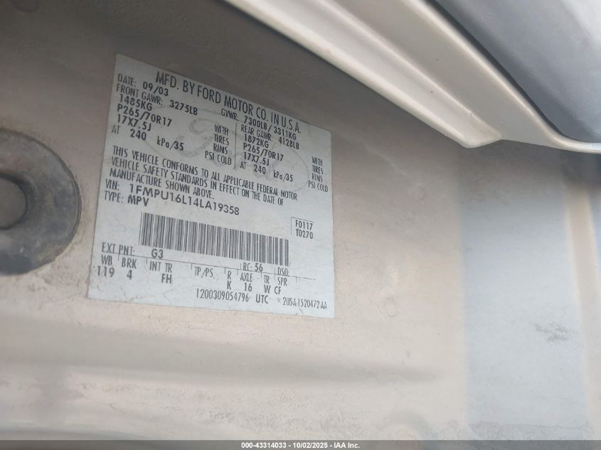 2004 Ford Expedition Nbx/Xlt VIN: 1FMPU16L14LA19358 Lot: 43314033