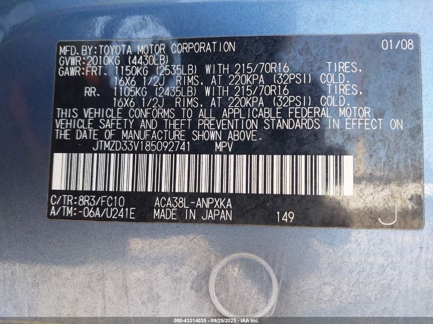 2008 Toyota Rav4 VIN: JTMZD33V185092741 Lot: 43314035