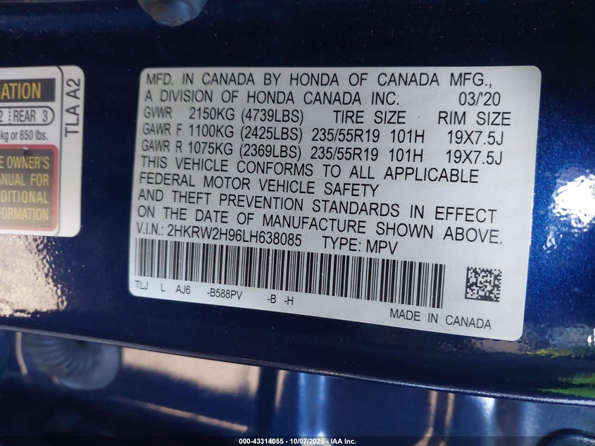 2020 HONDA CR-V AWD TOURING 2HKRW2H96LH638085