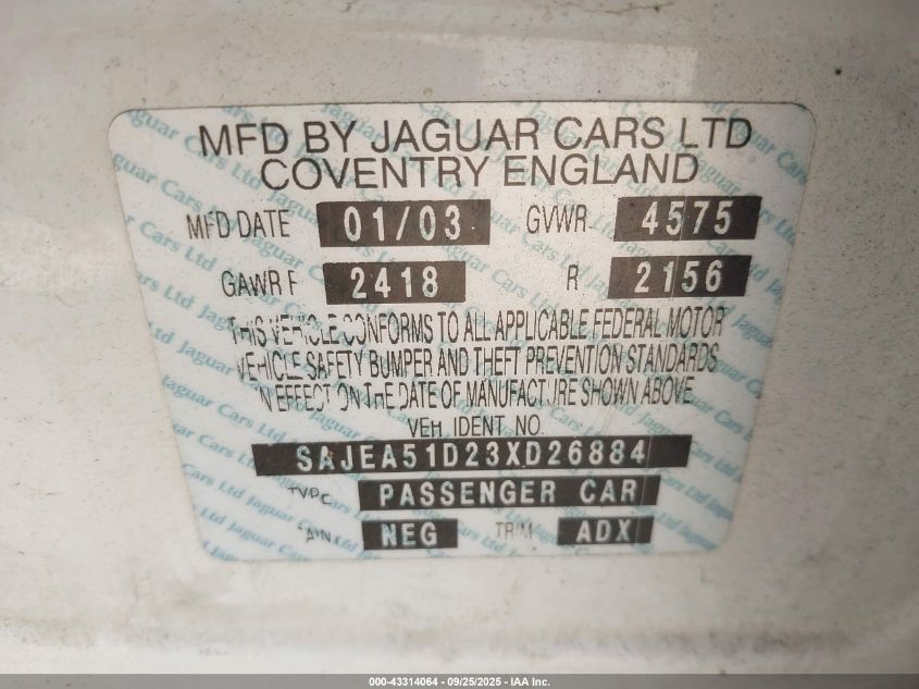 2003 Jaguar X-Type 2.5 VIN: SAJEA51D23XD26884 Lot: 43314064
