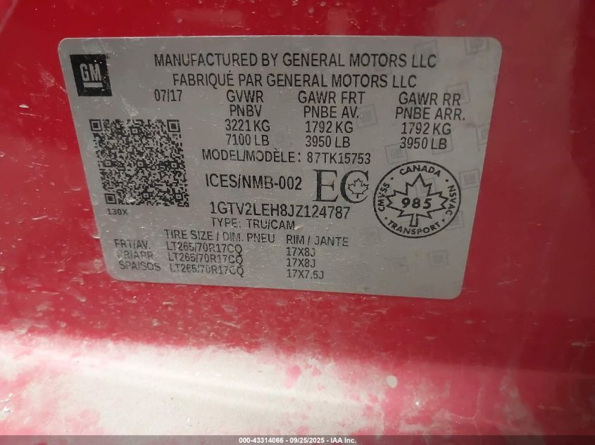 2018 GMC Sierra 1500 VIN: 1GTV2LEH8JZ124787 Lot: 43314066