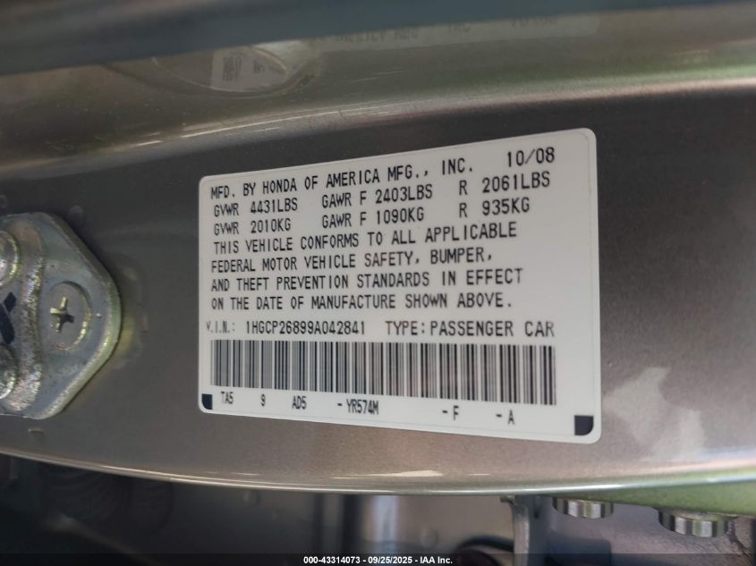 2009 Honda Accord 2.4 Ex-L VIN: 1HGCP26899A042841 Lot: 43314073