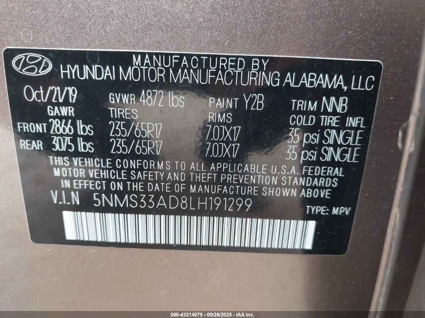 2020 Hyundai Santa Fe Sel VIN: 5NMS33AD8LH191299 Lot: 43314079